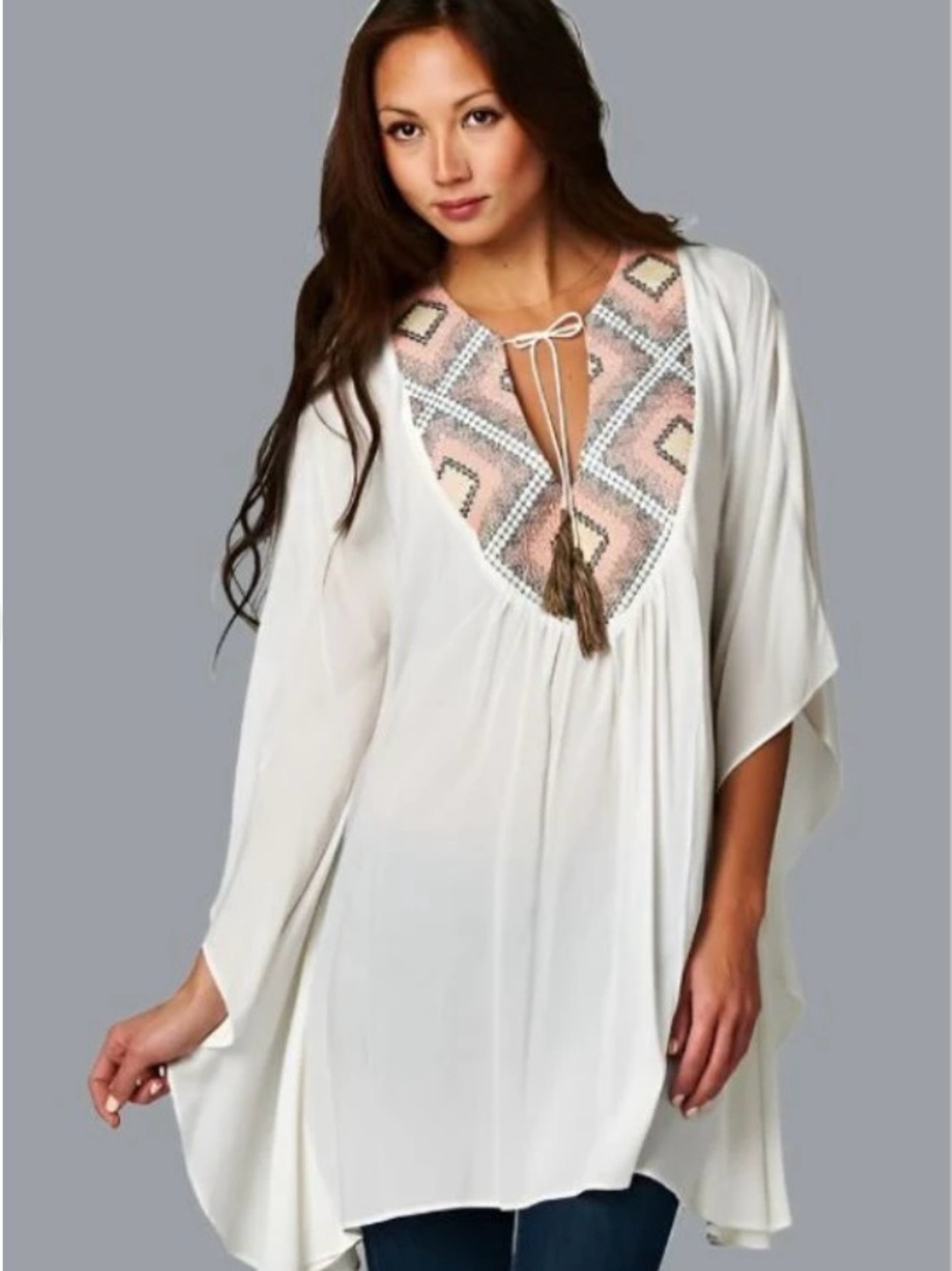 Boho Embroidered V-Neck Tunic in Ivory with Soft Coral Accent